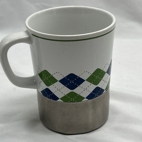 Starbucks 2006 White Green Blue Argyle Coffee Cup Mug Stainless Steel Base 14 Oz - Picture 5 of 9
